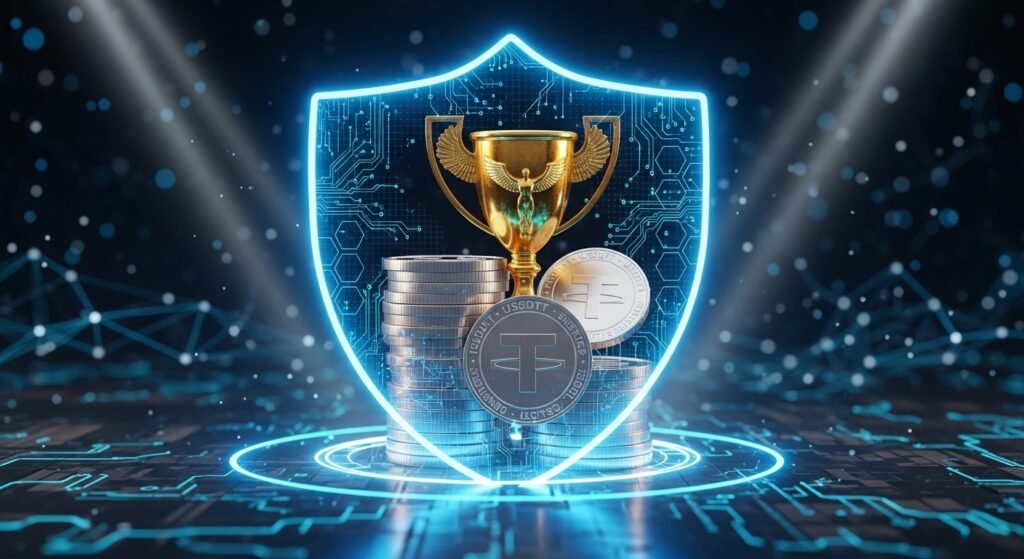 디지털 자산 보호와 승리를 상징하는 황금 방패와 트로피